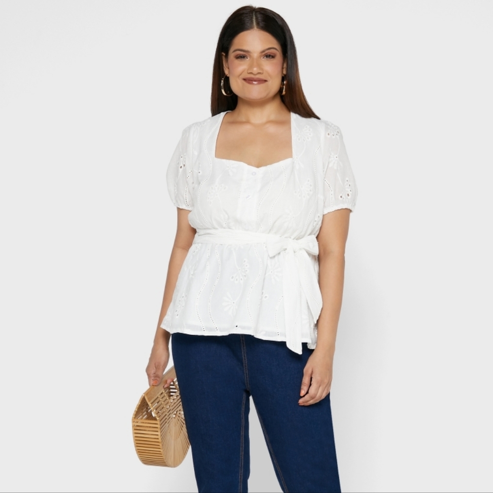 White Cotton Eyelet Peplum Top 3XL